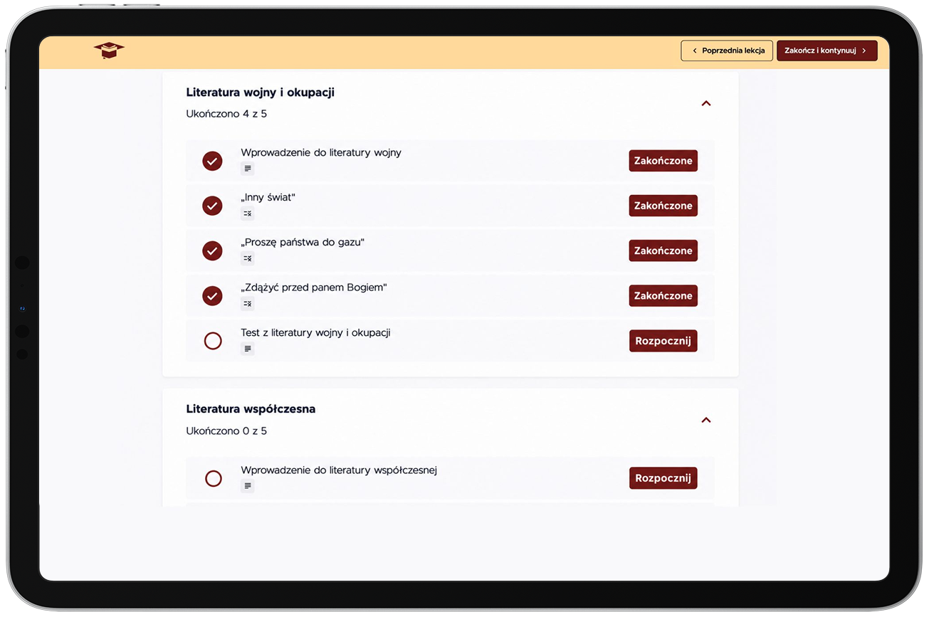 Podgląd platformy Wiedzaloo — Test historycznoliteracki